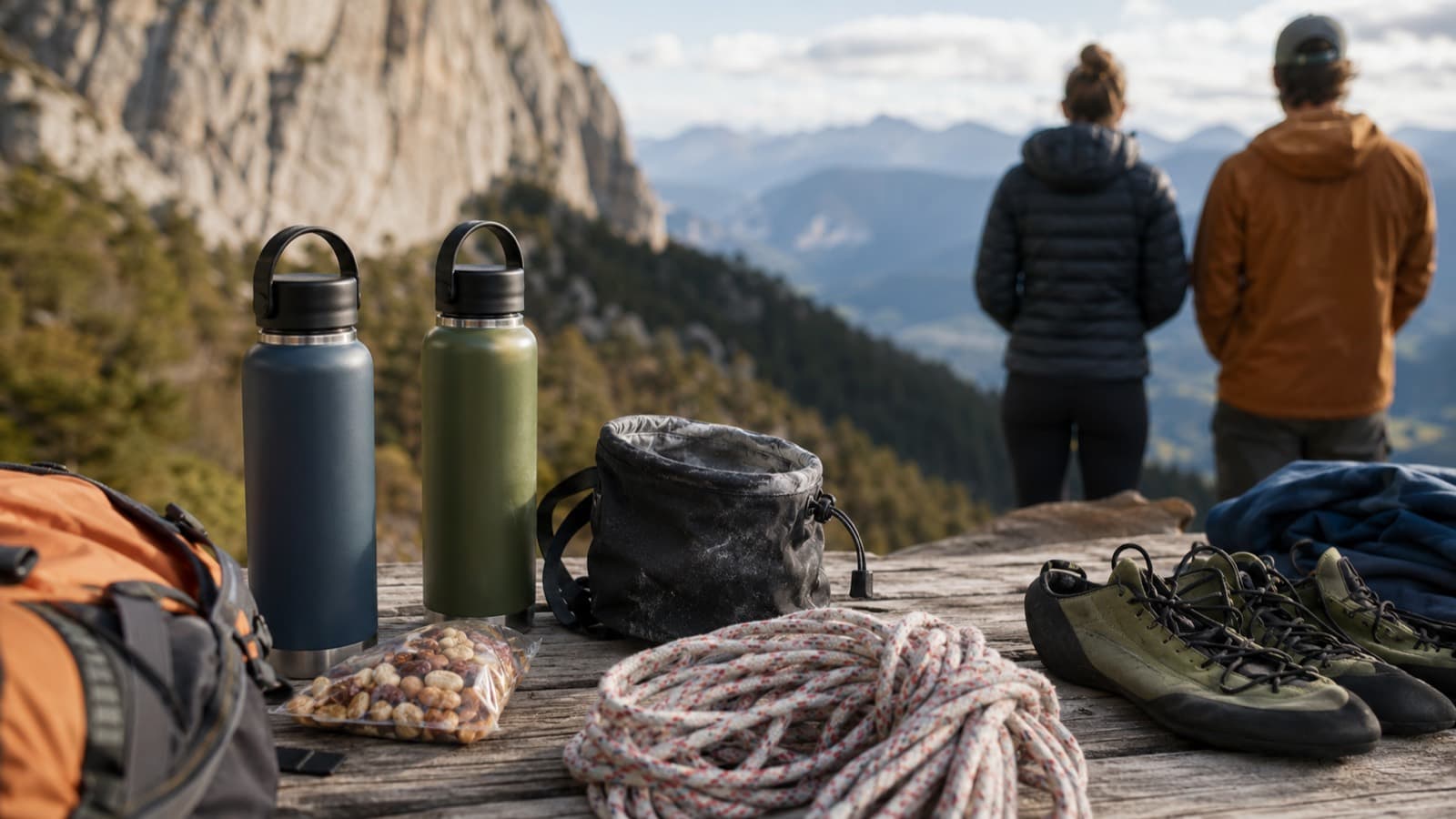 Equipo de escalada y senderismo sobre una mesa con vista a la montaña